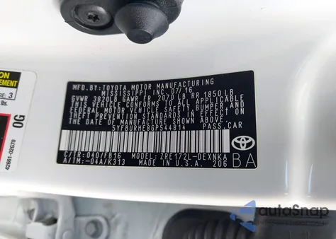 2016 Toyota Corolla Le from USA, damaged, VIN 5YFBURHE8GP544814